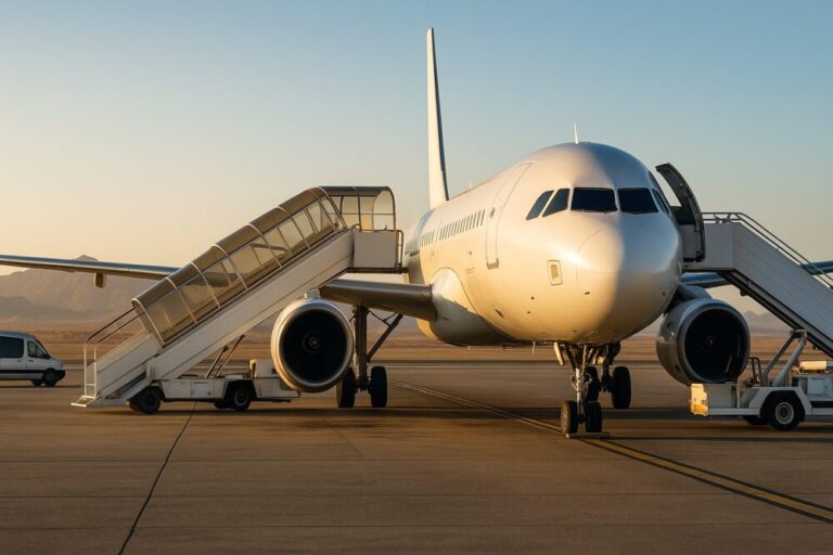 Flugzeug auf dem Rollfeld am Flughafen Sharm El Sheikh mit Treppenaufgang und Wüstenlandschaft im Hintergrund