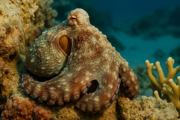 Ein Oktopus versteckt sich im Riff.