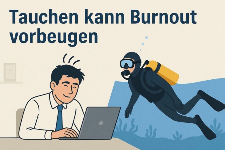 Gestresster Büroangestellter am Laptop links, entspannter Taucher im Meer rechts – Symbolbild dafür, dass Tauchen Burnout vorbeugen kann.