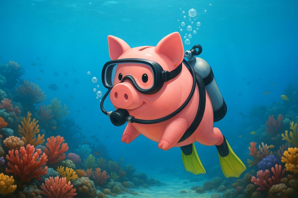 Ein Sparschwein taucht unter Wasser.