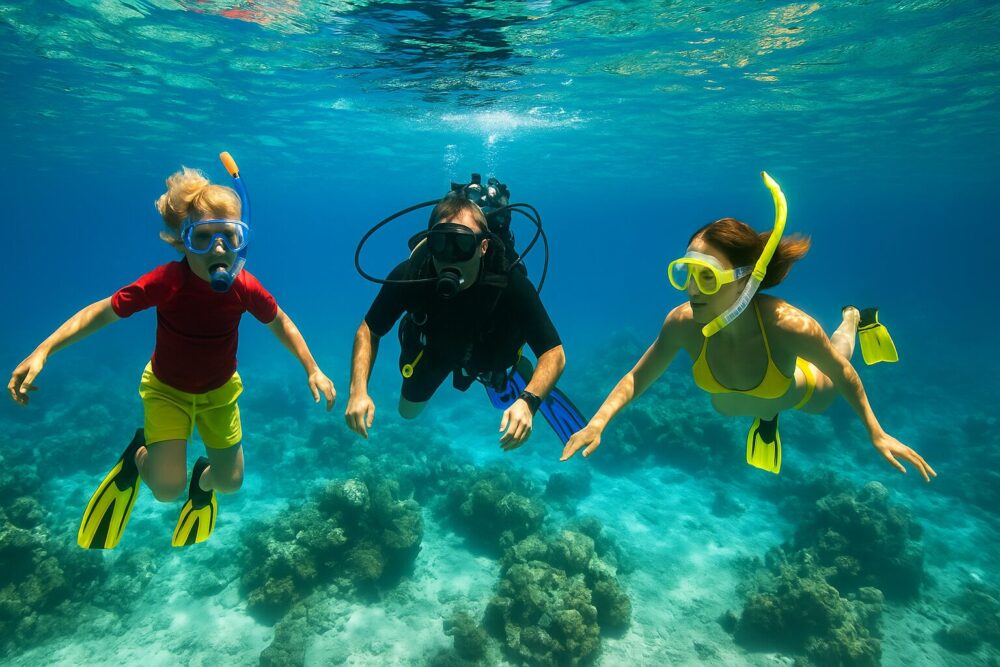 Taucher und Nichttaucher gemeinsam im Wasser.