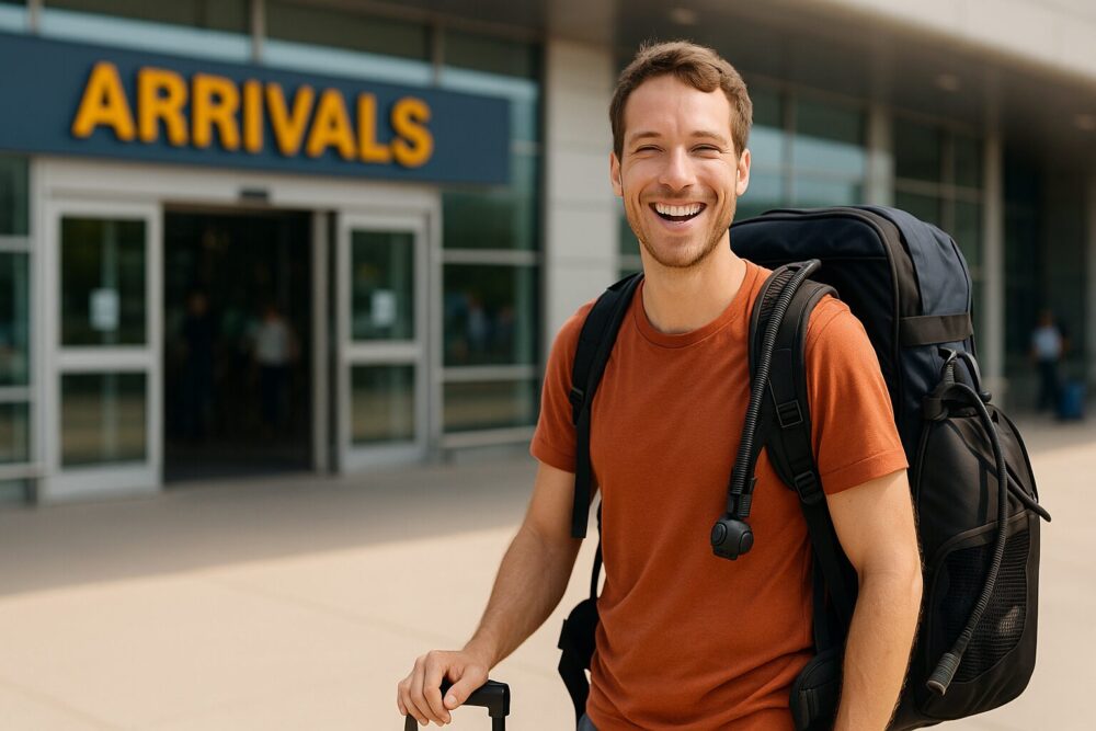 Ein junger Mann mit Rucksack und Taucherausrüstung steht lächelnd vor dem Ankunftsbereich eines Flughafens.