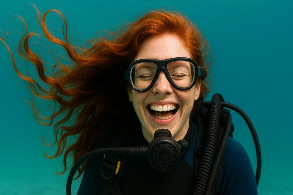 Taucherin mit roten Haaren unter Wasser