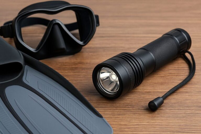 Tauchlampe mit Flosse und Tauchmaske auf Holzuntergrund
