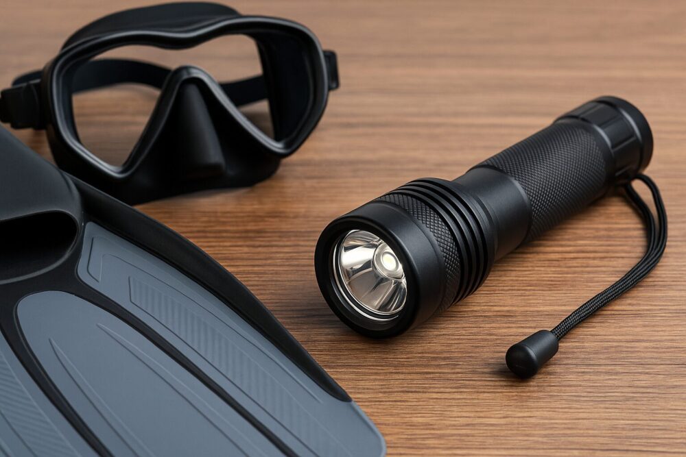 Tauchlampe mit Flosse und Tauchmaske auf Holzuntergrund