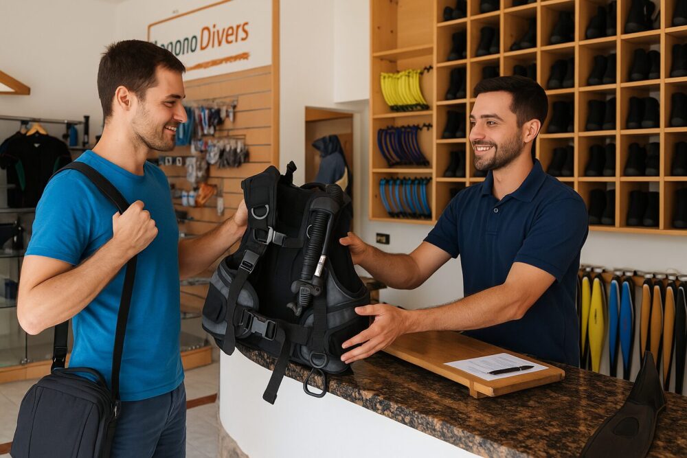 Taucher leiht sich Tauchausrüstung an der Tauchbasis Lagona Divers in Dahab