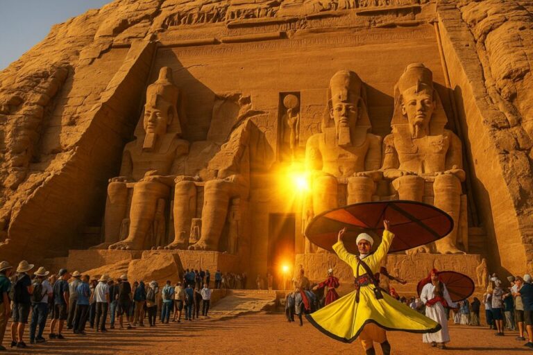 Hansi sagte:  Hier ein passender Alt-Tag für das Beitragsbild:  Alt-Tag: Sonnenwunder am Tempel von Abu Simbel mit strahlendem Sonnenlicht, wartenden Besuchern und tanzenden Derwischen beim Sun Festival in Ägypten.