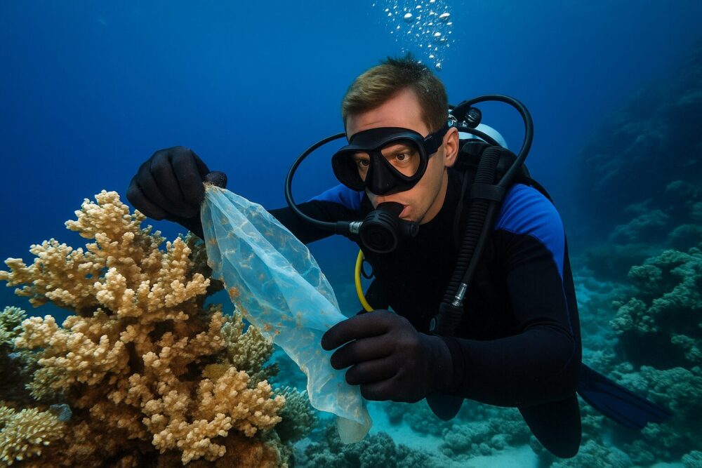 Taucher entfernt Plastikmüll aus Korallenriff im Roten Meer während Clean-up-Tauchgang