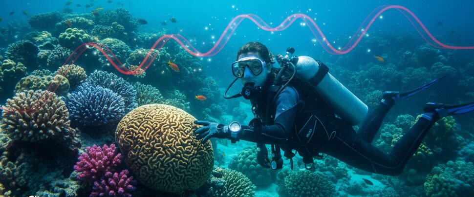 Taucher erkundet Korallenriff im Roten Meer bei Dahab und sieht Unterwasser-Kommunikation Korallen Magie Sonnenuntergang