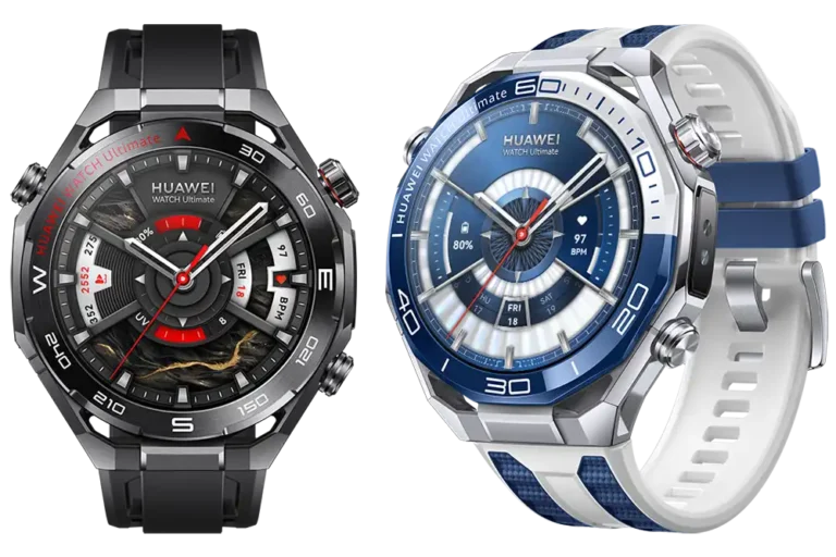 Huawei Watch Ultimate 2 – zwei Varianten der Smartwatch, links in Schwarz mit Titanarmband und rechts in Blau-Silber mit Silikonarmband.